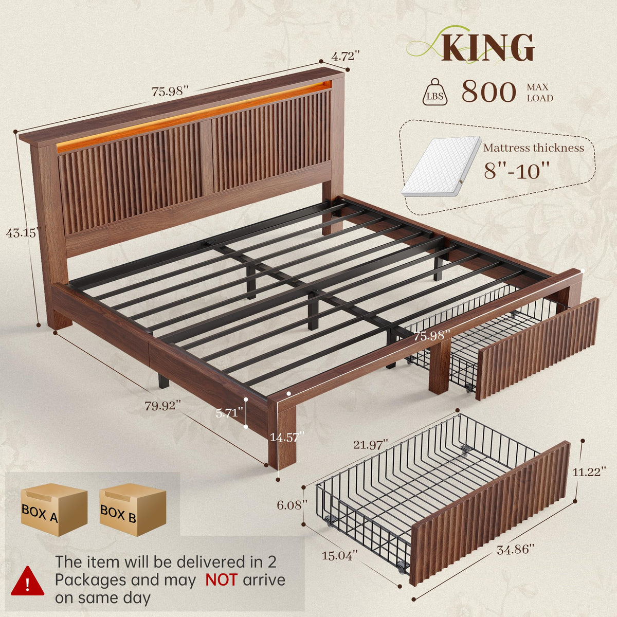 King Bed Frame with 2 Drawers and Storage Headboard J80684
