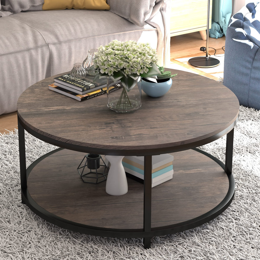 Round 2-Tier Wood Coffee Table with Storage Shelf G119